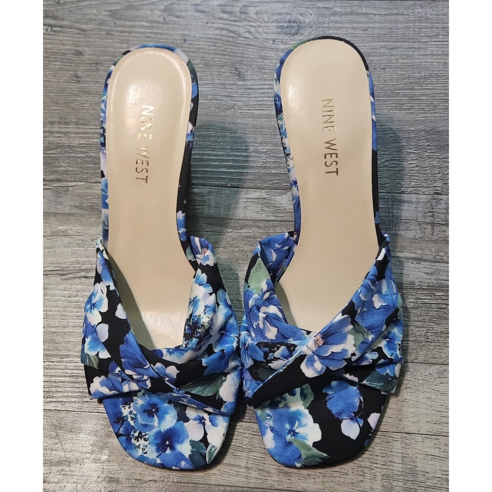 🩵🩷 Nine West Floral Slides Blue Black Wedge Heel Suz 7.5M🩵🩷